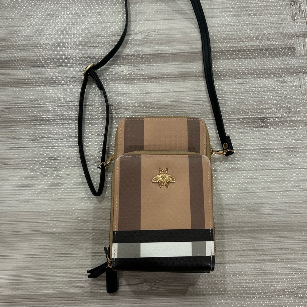 Bee Square Brown Striped Crossbody bag Multiple zip pockets - Picture 2 of 11